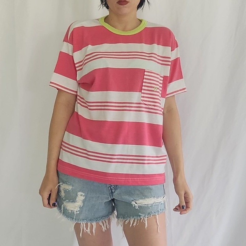 90s Hang Ten Pink and White Striped Pocket Tee